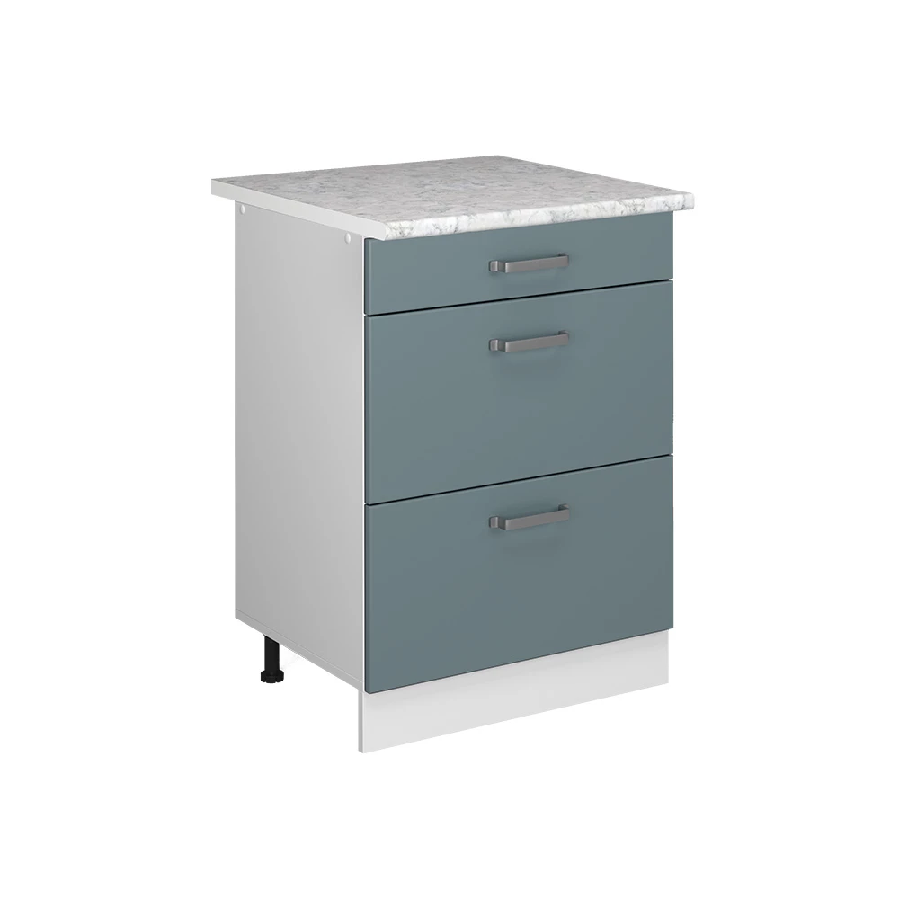 Meuble Bas De Cuisine R-Line 60cm - Noir Haute Brillance, Plan De Travail Marbre, Modulable