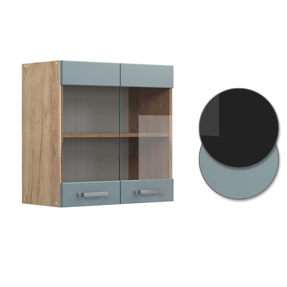 Vicco Küchenglasschrank "R-Line", Blau-Grau/Goldkraft Eiche, 60 cm