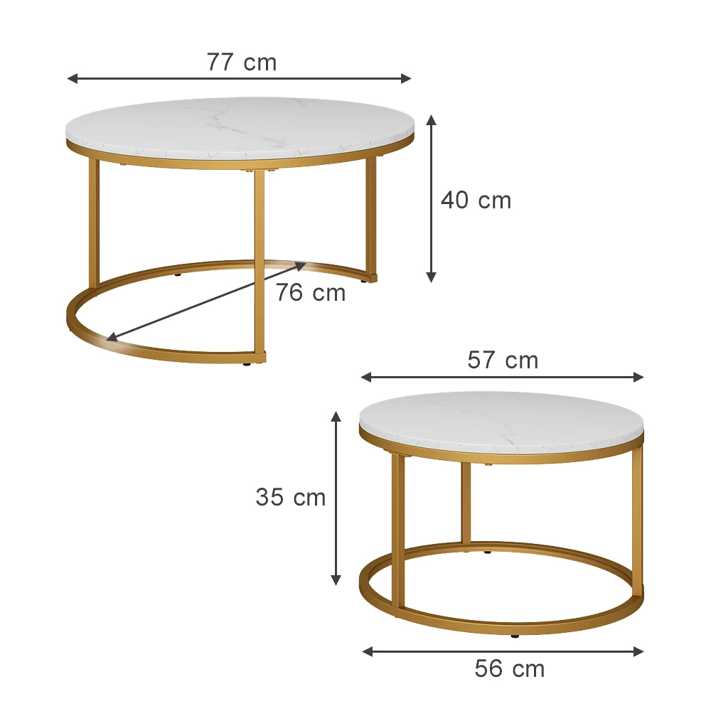 Couchtisch-Set in Weiß/Gold auf weißem Hintergrund mit sichtbaren Maßen