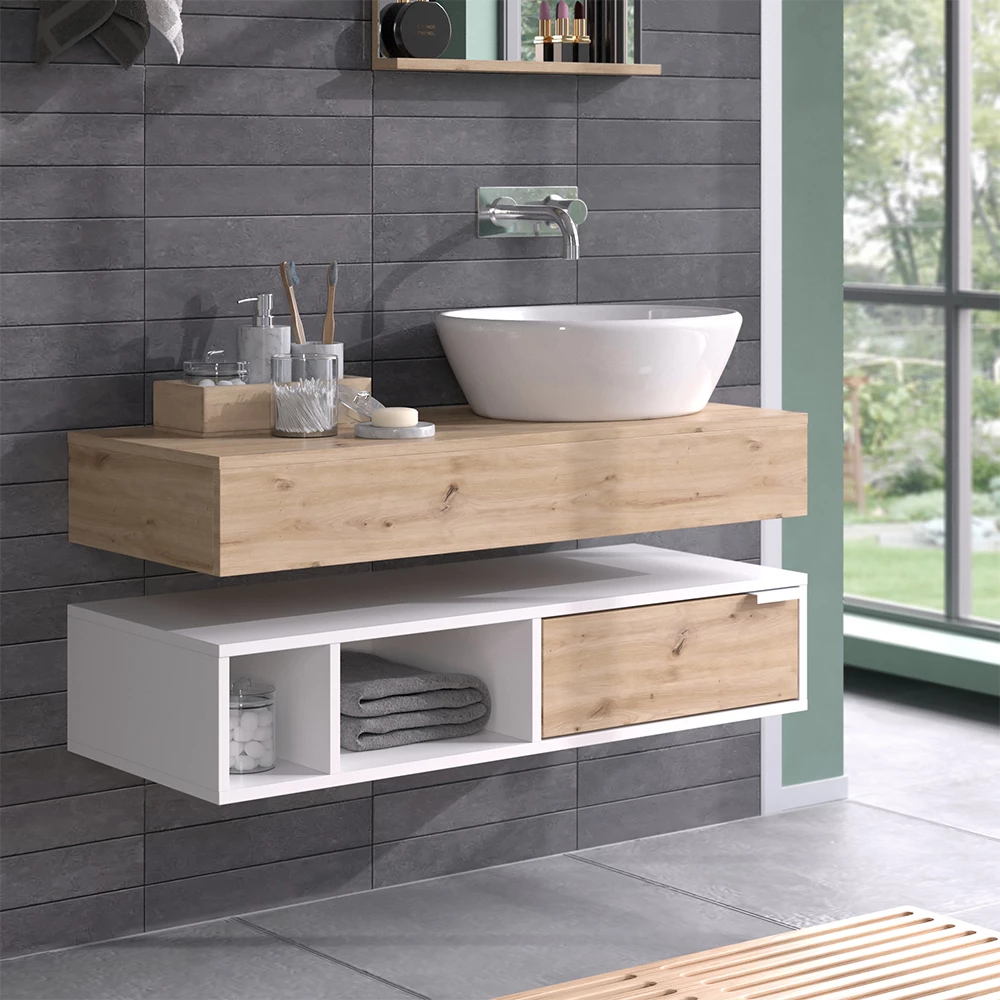 Vicco Waschbeckenunterschrank "Henri", Weiß/Artisan-Eiche, 100 x 15 cm mit Schublade