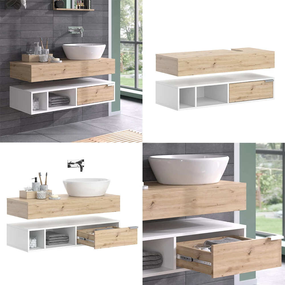 Vicco Waschbeckenunterschrank "Henri", Weiß/Artisan-Eiche, 100 x 15 cm mit Schublade