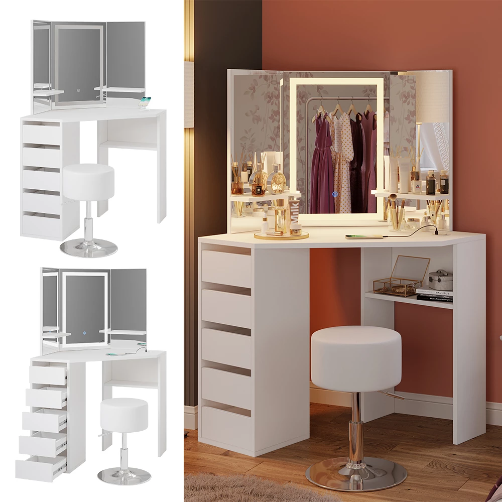 Vanity table in White, shown in ambient setting and on white background