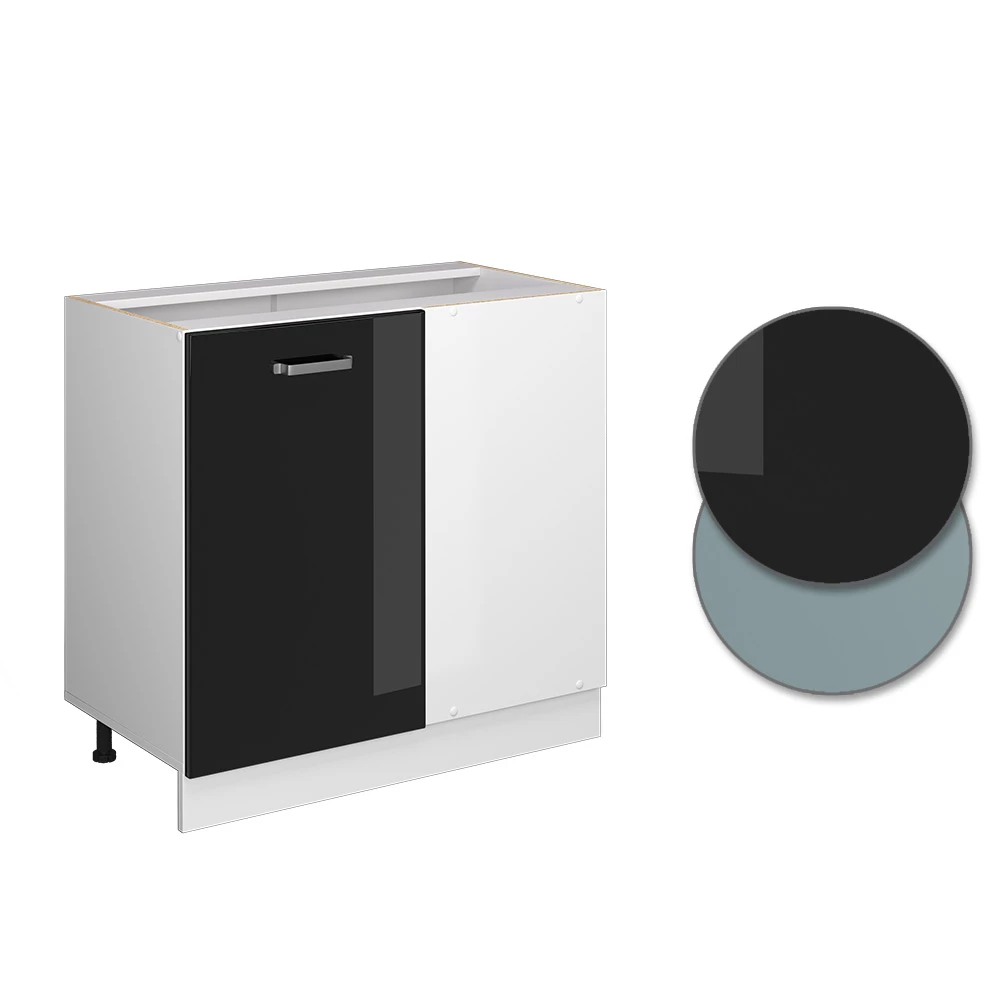 Nahaufnahme von Eckunterschrank in Schwarz Hochglanz, zeigt Design- und Oberflächendetails