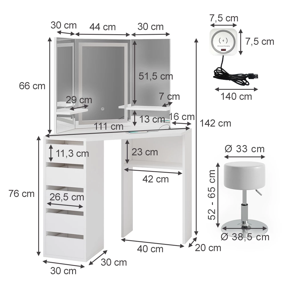Vanity table in White on white background with visible dimensions