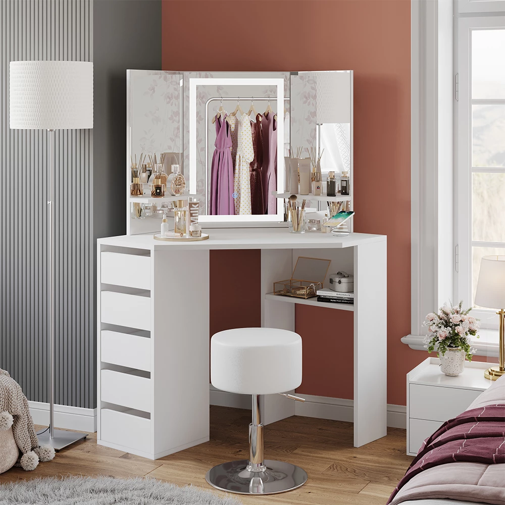 Vanity table in White shown in ambient setting with decoration