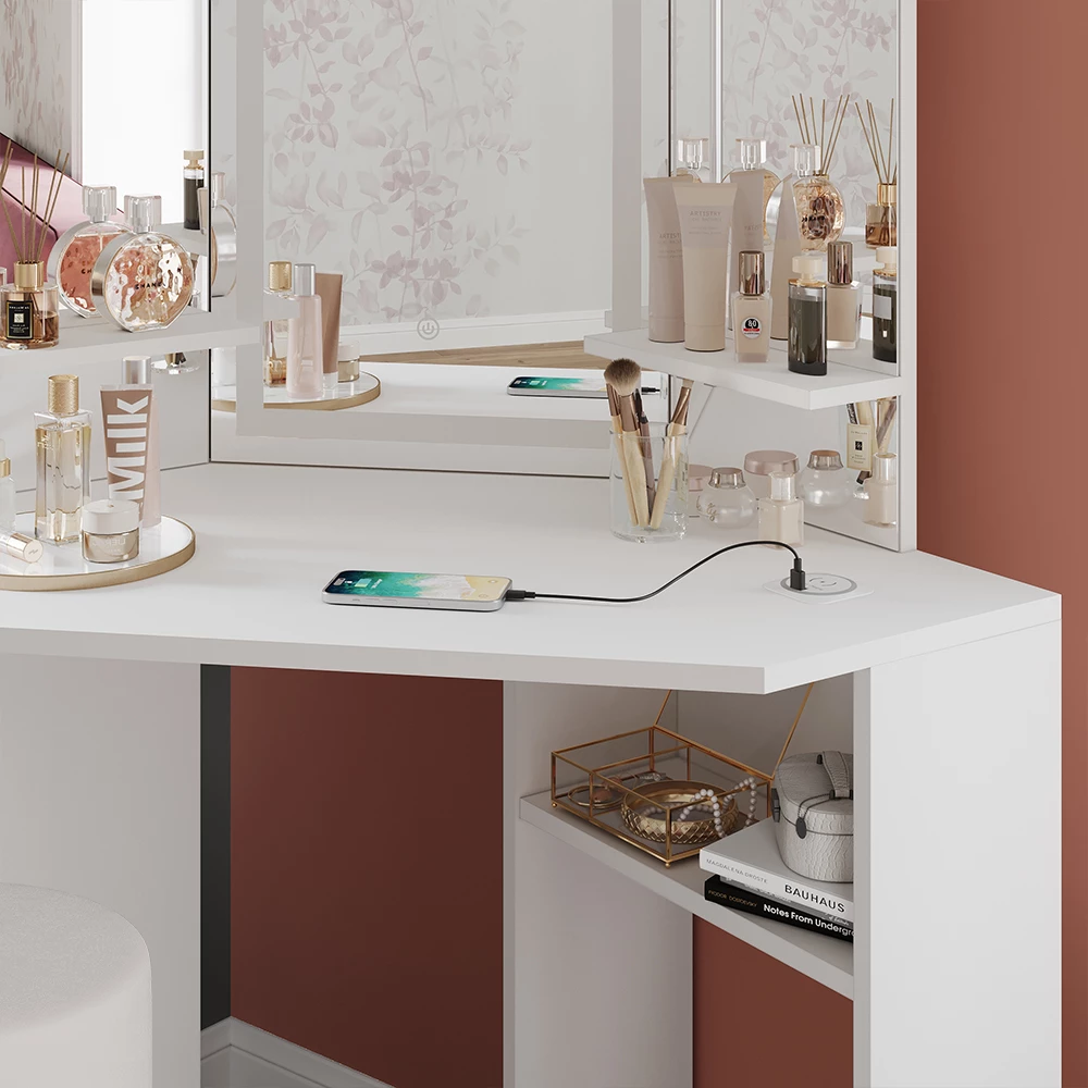 Close-up of Vanity table in White, showing texture/details