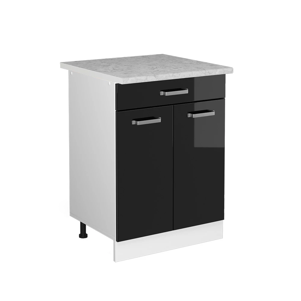 Vicco Küchenunterschrank "R-Line", Schwarz Hochglanz/Weiß, 60 cm mit Schublade, AP Marmor