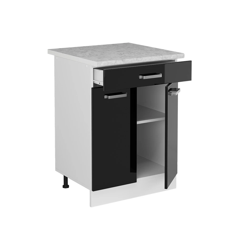 Vicco Küchenunterschrank "R-Line", Schwarz Hochglanz/Weiß, 60 cm mit Schublade, AP Marmor