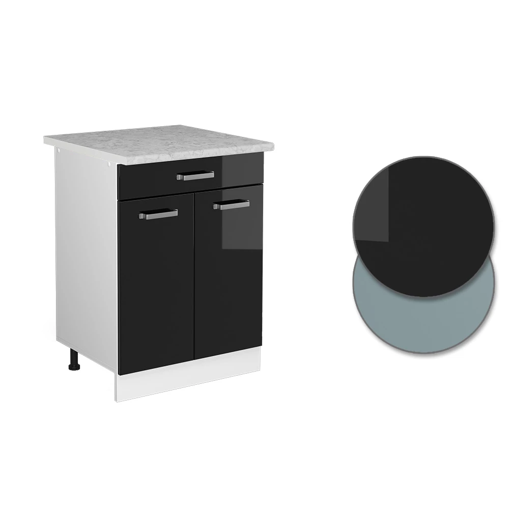 Vicco Küchenunterschrank "R-Line", Schwarz Hochglanz/Weiß, 60 cm mit Schublade, AP Marmor