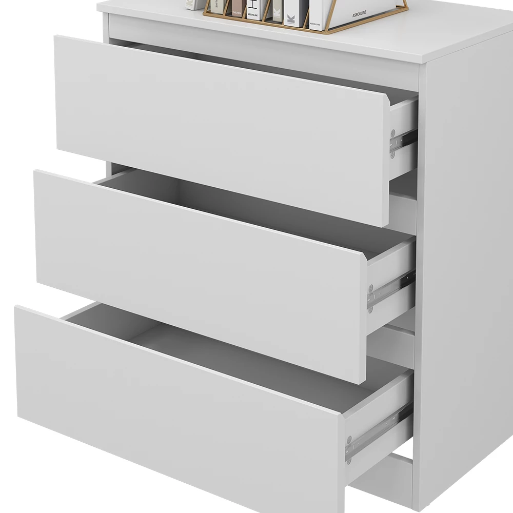 Nahaufnahme von Kommode in Weiß, zeigt Design- und Oberflächendetails