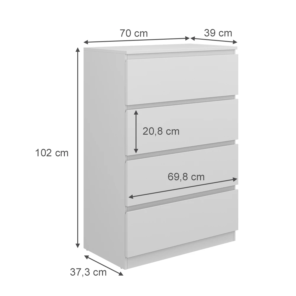 Kommode in Weiß auf weißem Hintergrund mit sichtbaren Maßen