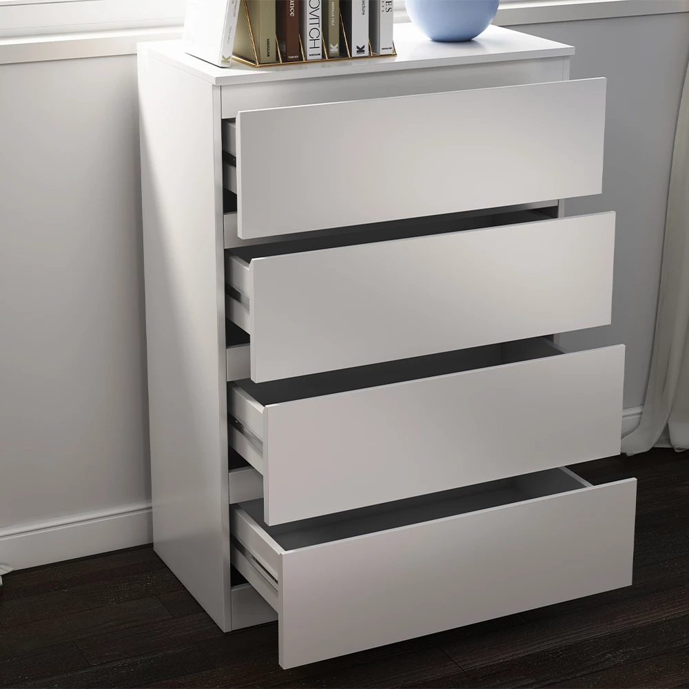 Nahaufnahme von Kommode in Weiß, zeigt Textur/Details