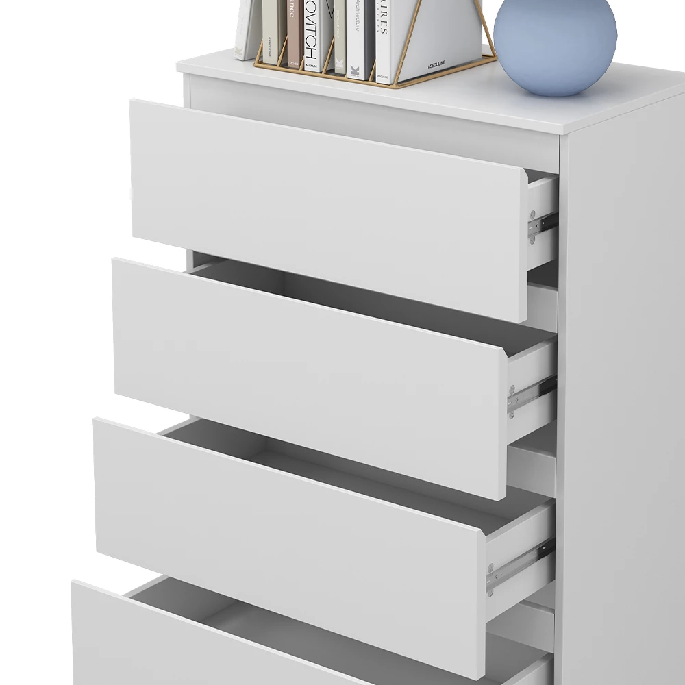 Nahaufnahme von Kommode in Weiß, zeigt Design- und Oberflächendetails