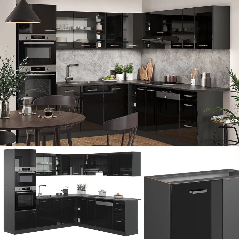 Vicco Eckküche "R-Line", Schwarz Hochglanz/Anthrazit, 237 x 247 cm ohne Arbeitsplatte