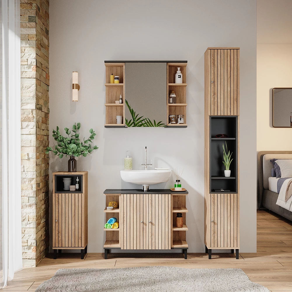 Vicco Wastafelonderkast "Aquis", Sonoma/Antraciet, 79.6 x 64 cm met 2 deuren