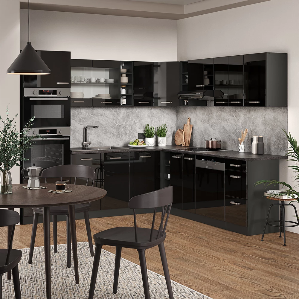 Vicco cuisine en angle "R-Line", Noir Haute brillance/Anthracite, 237 x 247 cm sans plan de travail