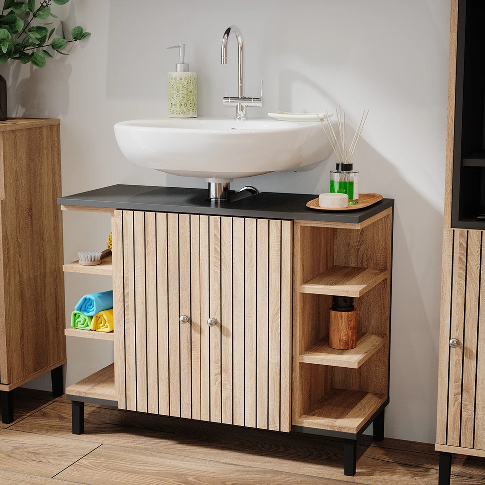 Vicco Wastafelonderkast "Aquis", Sonoma/Antraciet, 79.6 x 64 cm met 2 deuren