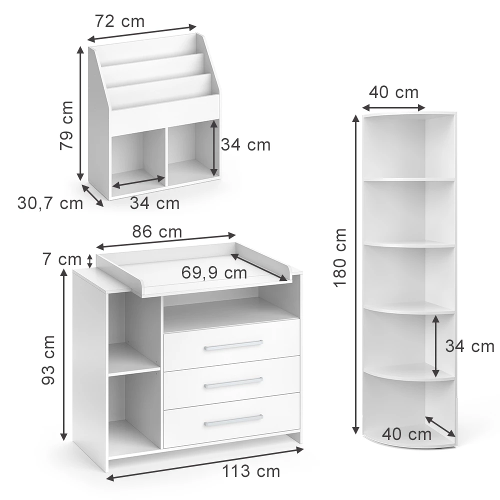 Kinderzimmer-Set in Weiß auf weißem Hintergrund mit sichtbaren Maßen