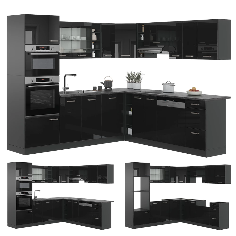 Vicco Eckküche "R-Line", Schwarz Hochglanz/Anthrazit, 237 x 247 cm ohne Arbeitsplatte