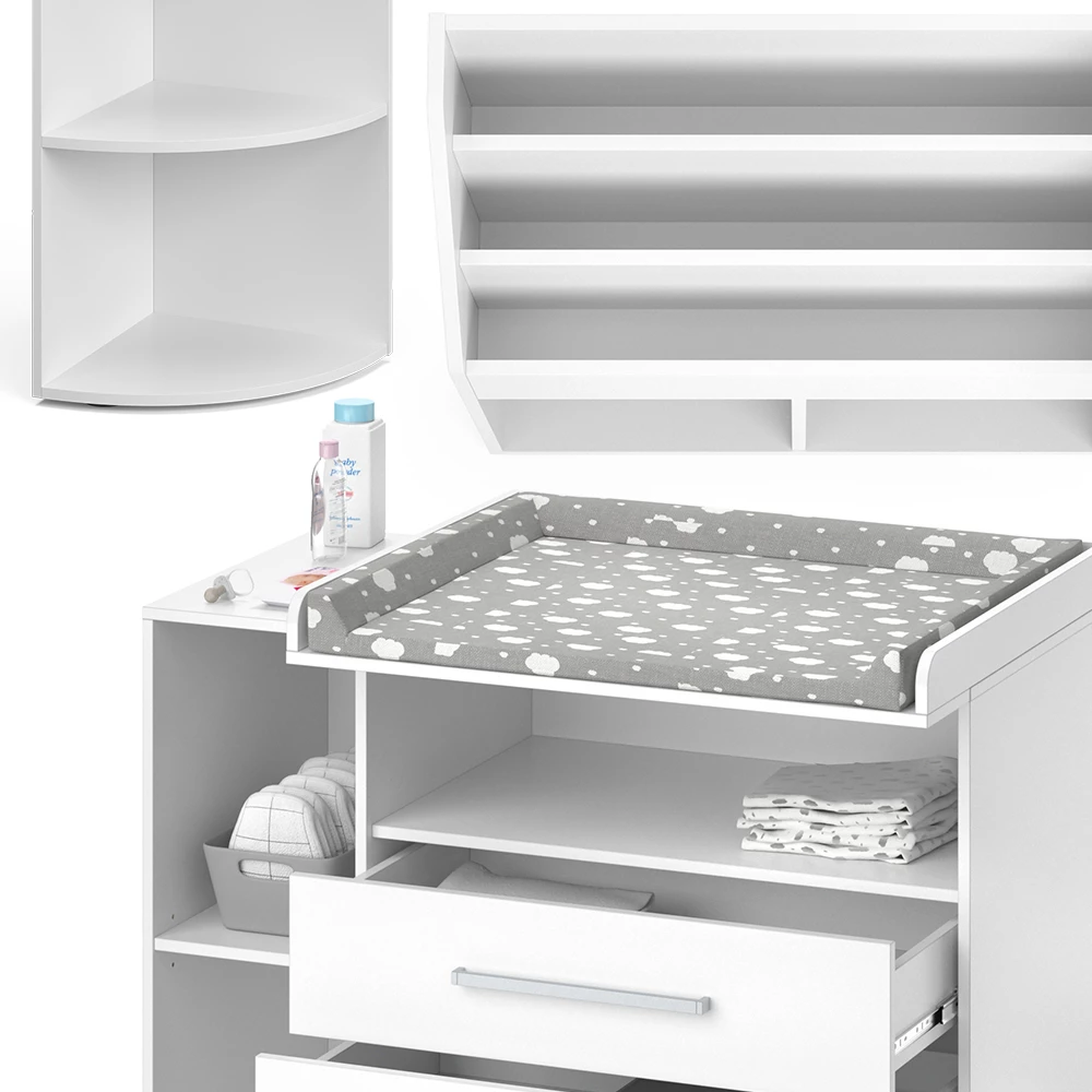 Nahaufnahme von Kinderzimmer-Set in Weiß, zeigt Design- und Oberflächendetails