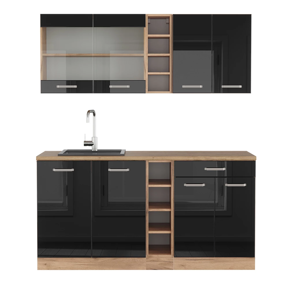 Vicco Singleküche Schwarz Hochglanz/Goldkraft Eiche 160 cm , AP Eiche, R-Line