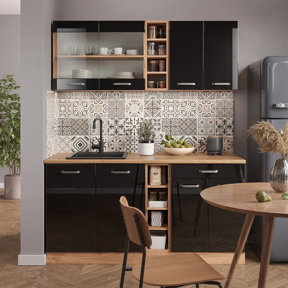 Vicco Singleküche "R-Line", Schwarz Hochglanz/Goldkraft Eiche, 160 cm ohne Arbeitsplatte