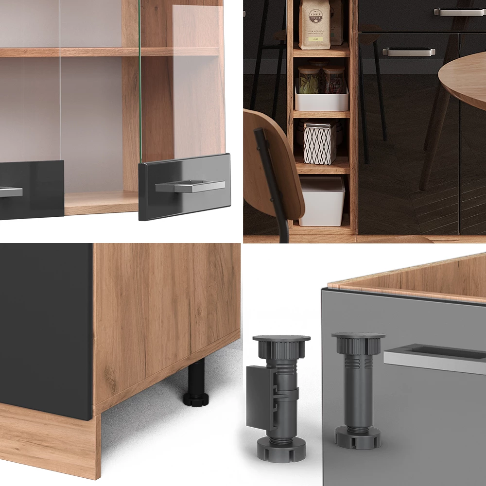 Nahaufnahme von Singleküche in Schwarz Hochglanz/Goldkraft Eiche, zeigt Design- und Oberflächendetails