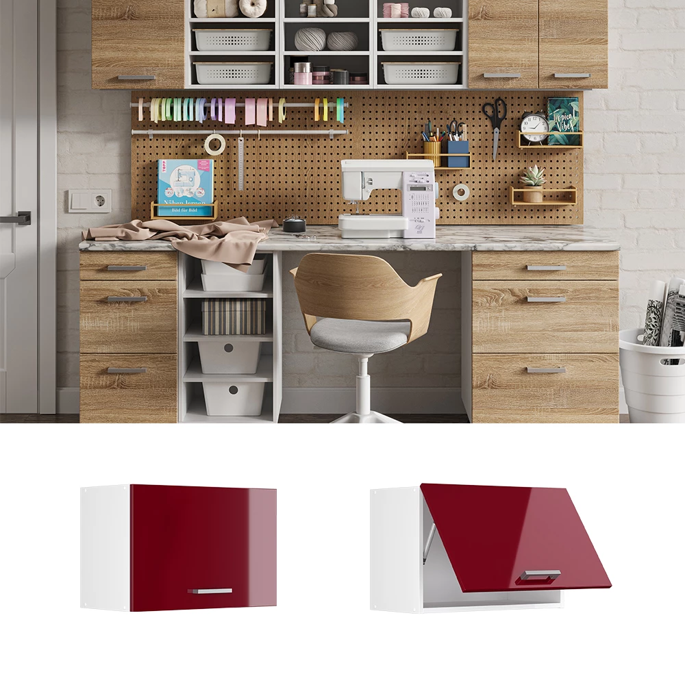 Armoire suspendue en Rouge bordeaux Haute brillance sur fond blanc