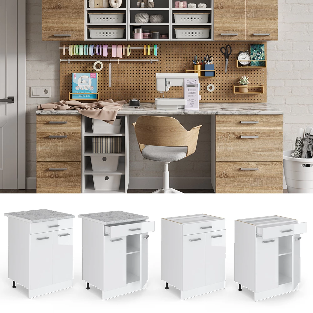 Vicco Unterschrank Weiß Hochglanz 60 cm mit Schubladen, ohne Arbeitsplatte, R-Line