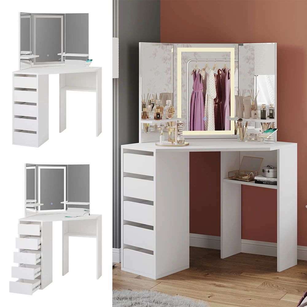 Dressing table for the corner in White, shown in ambient setting and on white background