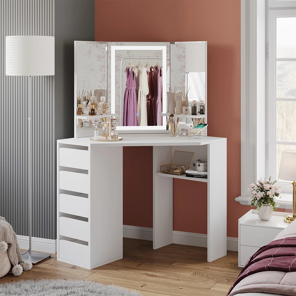 Dressing table for the corner in White shown in ambient setting with decoration