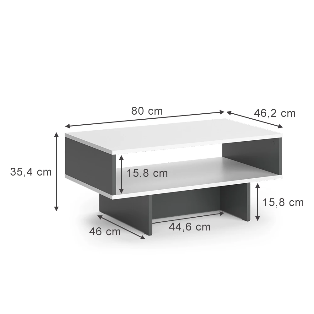 Couchtisch in Weiß/Anthrazit auf weißem Hintergrund mit sichtbaren Maßen