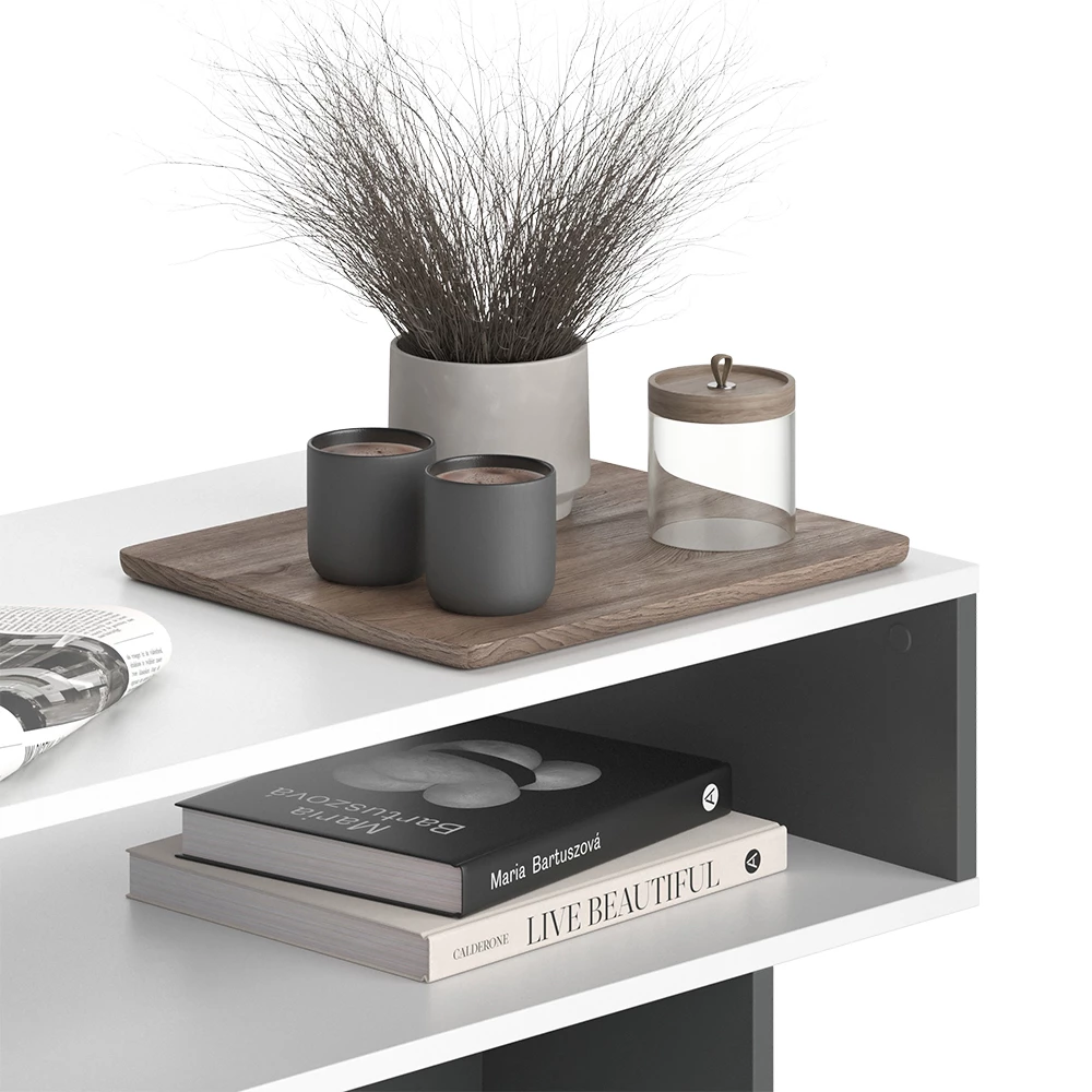 Nahaufnahme von Couchtisch in Weiß/Anthrazit, zeigt Design- und Oberflächendetails