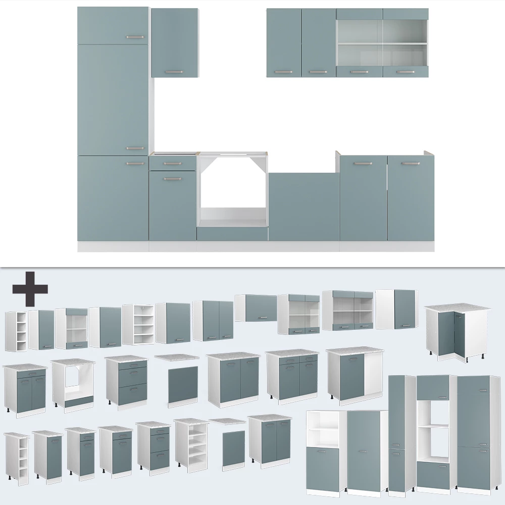 Keukenblok in Blauw-grijs/wit op een witte achtergrond met decoratieve elementen