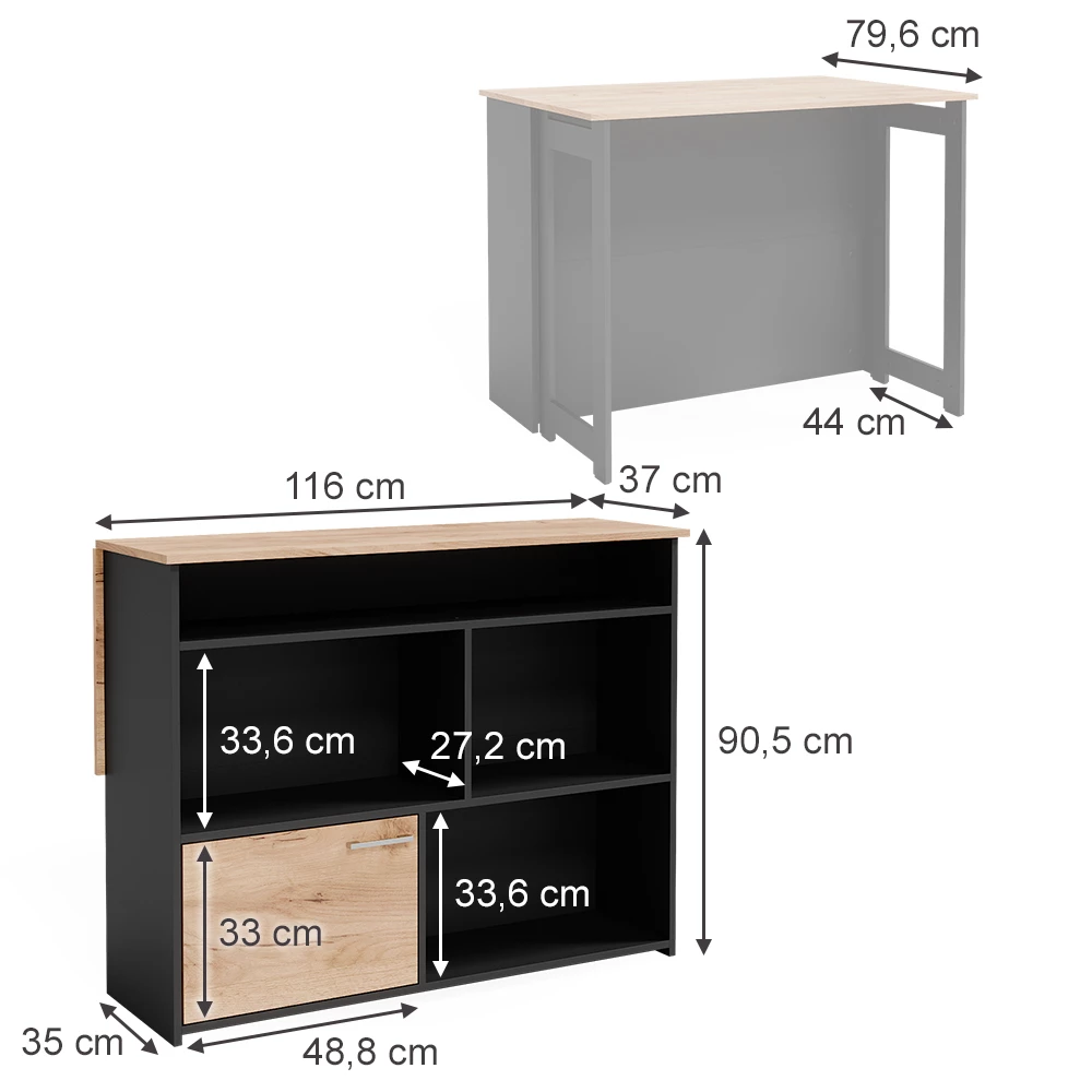 Bartafel "Dominic", Krachtige eik goud/Antraciet, 116 x 37 cm 4x open vakken en 1x deur