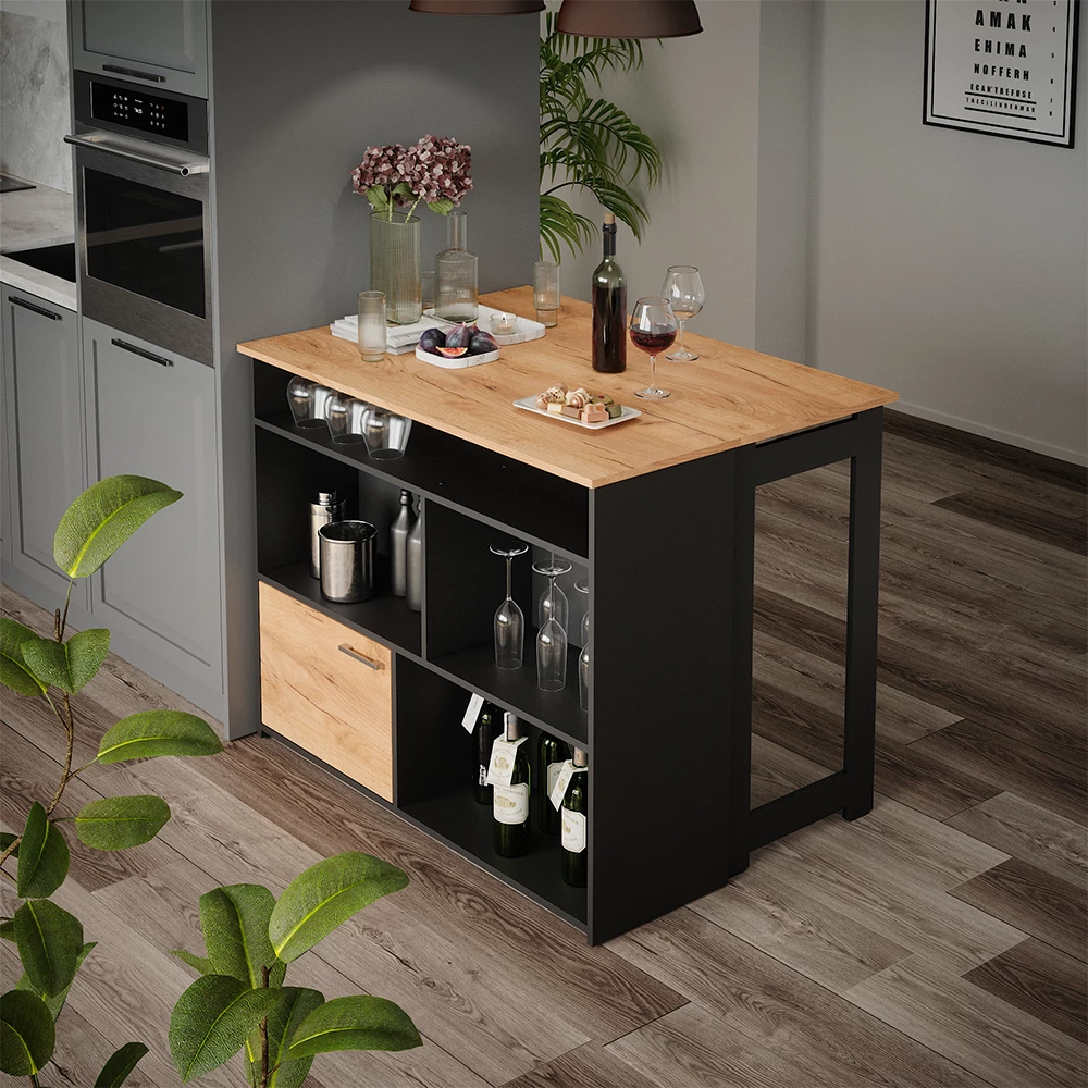 Bartafel "Dominic", Krachtige eik goud/Antraciet, 116 x 37 cm 4x open vakken en 1x deur