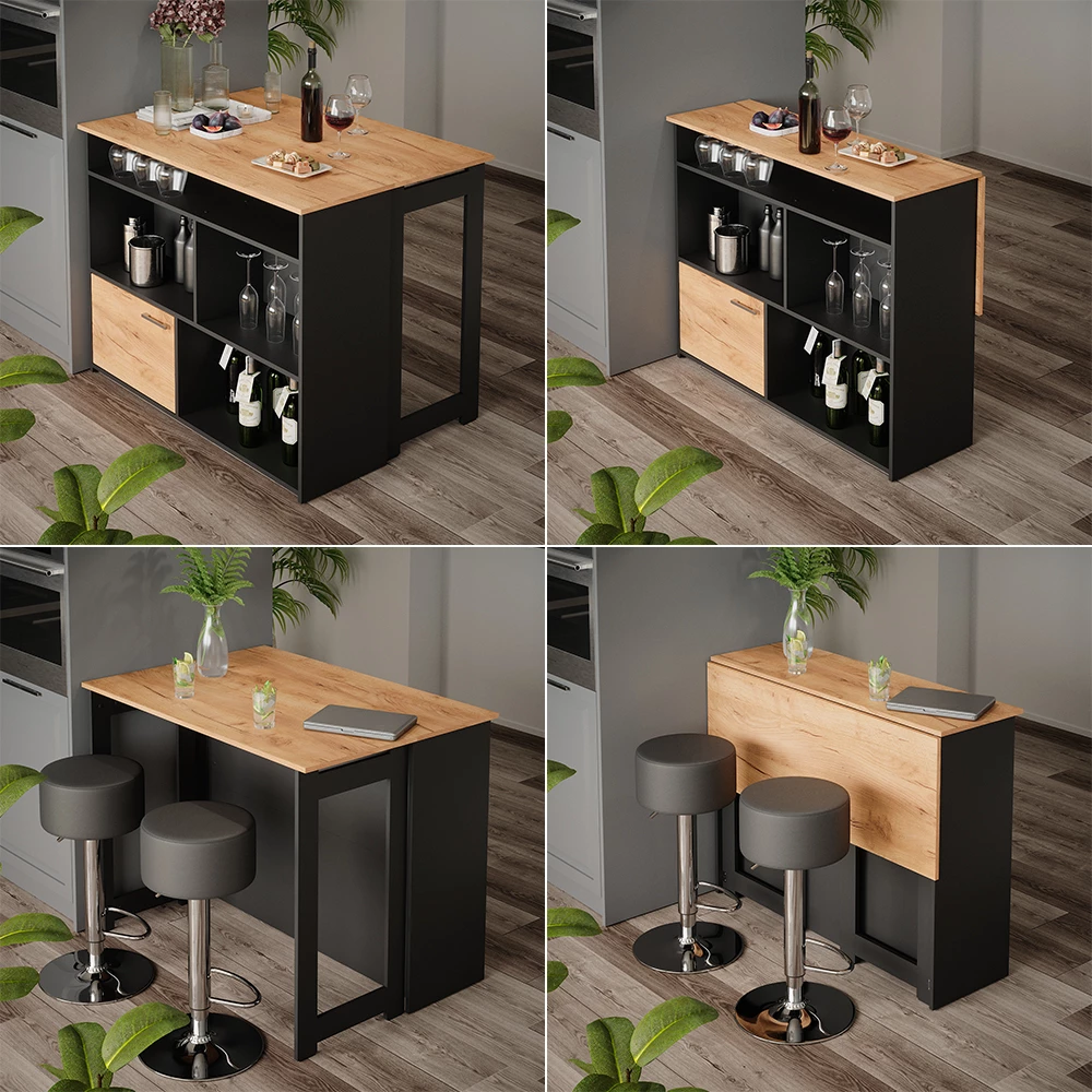 Bartafel "Dominic", Krachtige eik goud/Antraciet, 116 x 37 cm 4x open vakken en 1x deur