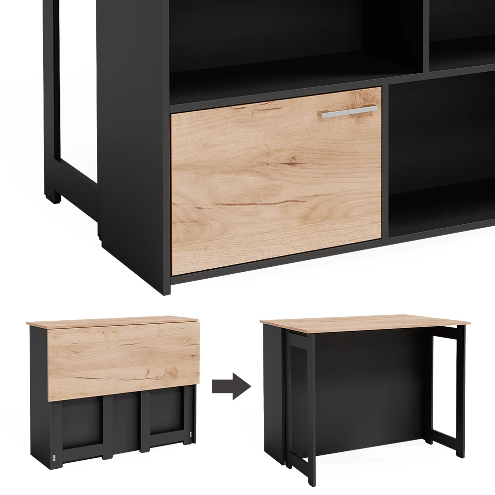 Bartafel "Dominic", Krachtige eik goud/Antraciet, 116 x 37 cm 4x open vakken en 1x deur