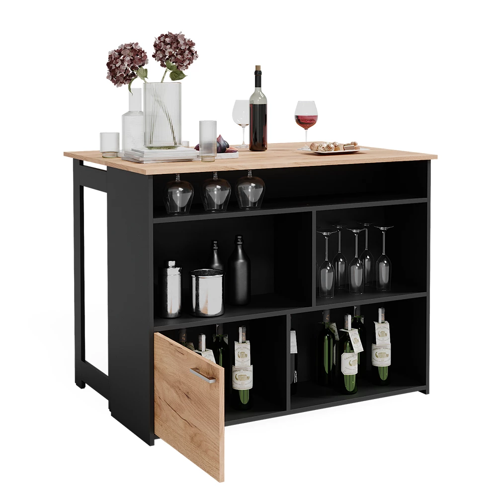 Bartafel "Dominic", Krachtige eik goud/Antraciet, 116 x 37 cm 4x open vakken en 1x deur