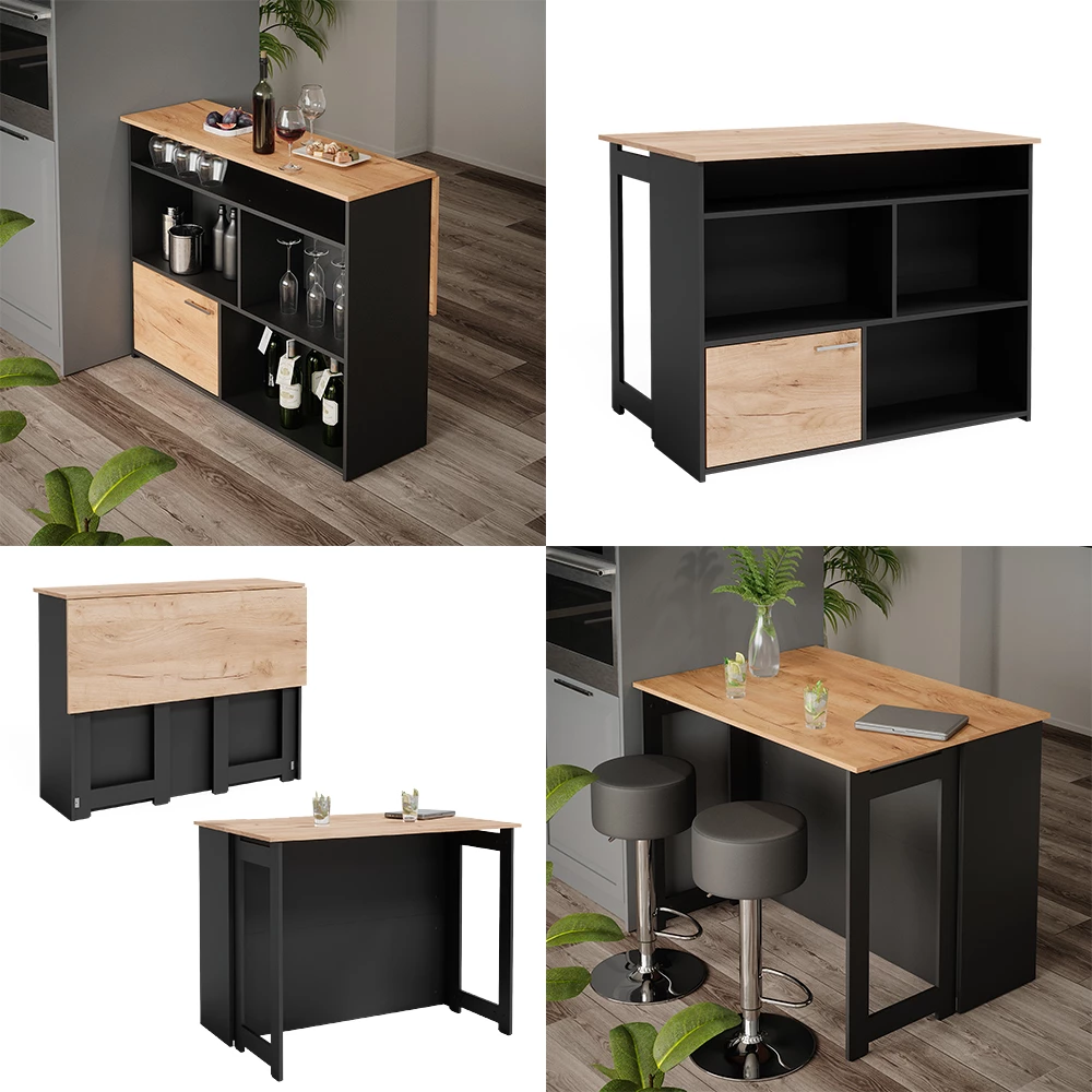 Bartafel "Dominic", Krachtige eik goud/Antraciet, 116 x 37 cm 4x open vakken en 1x deur
