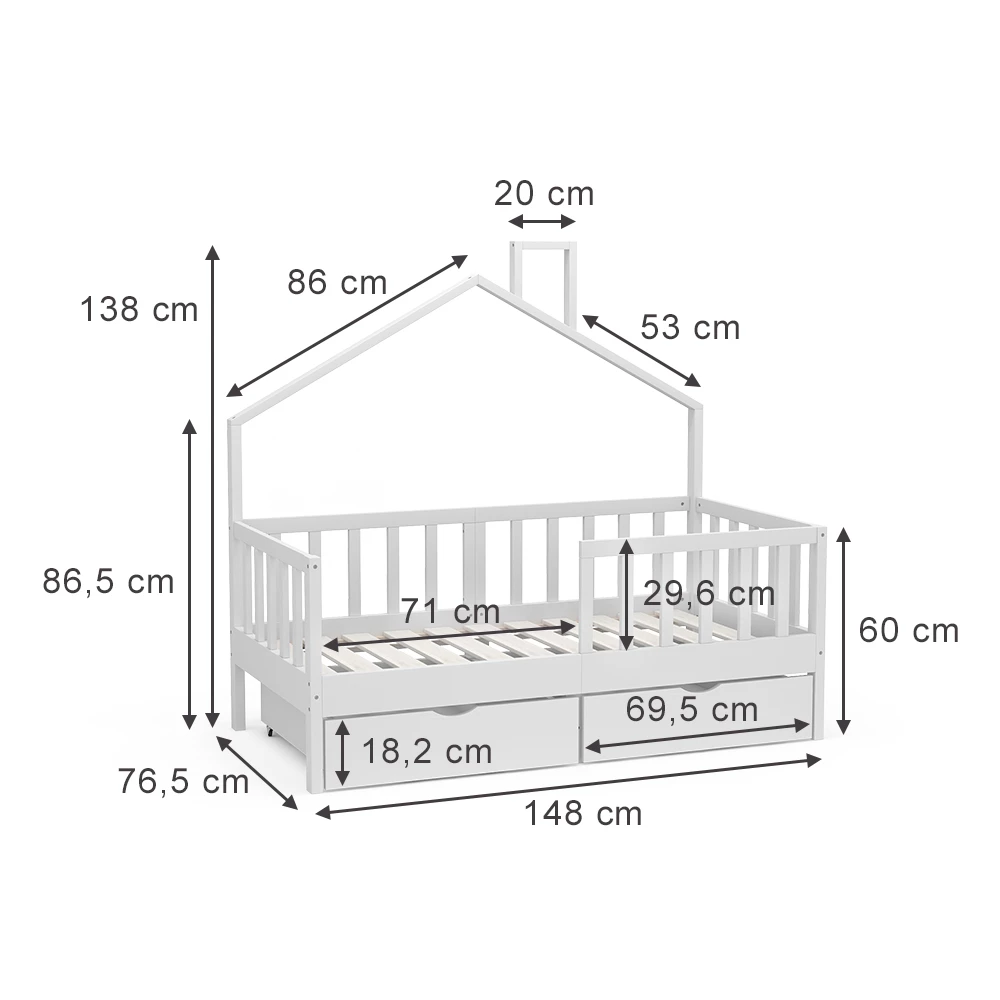 Vitalispa Letto per bambini Bianco 70x140 cm con 2 cassetti, Justus