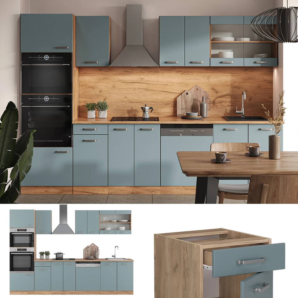 Küchenzeile in Blau-Grau/Goldkraft Eiche, dargestellt im Ambiente und auf weißem Hintergrund