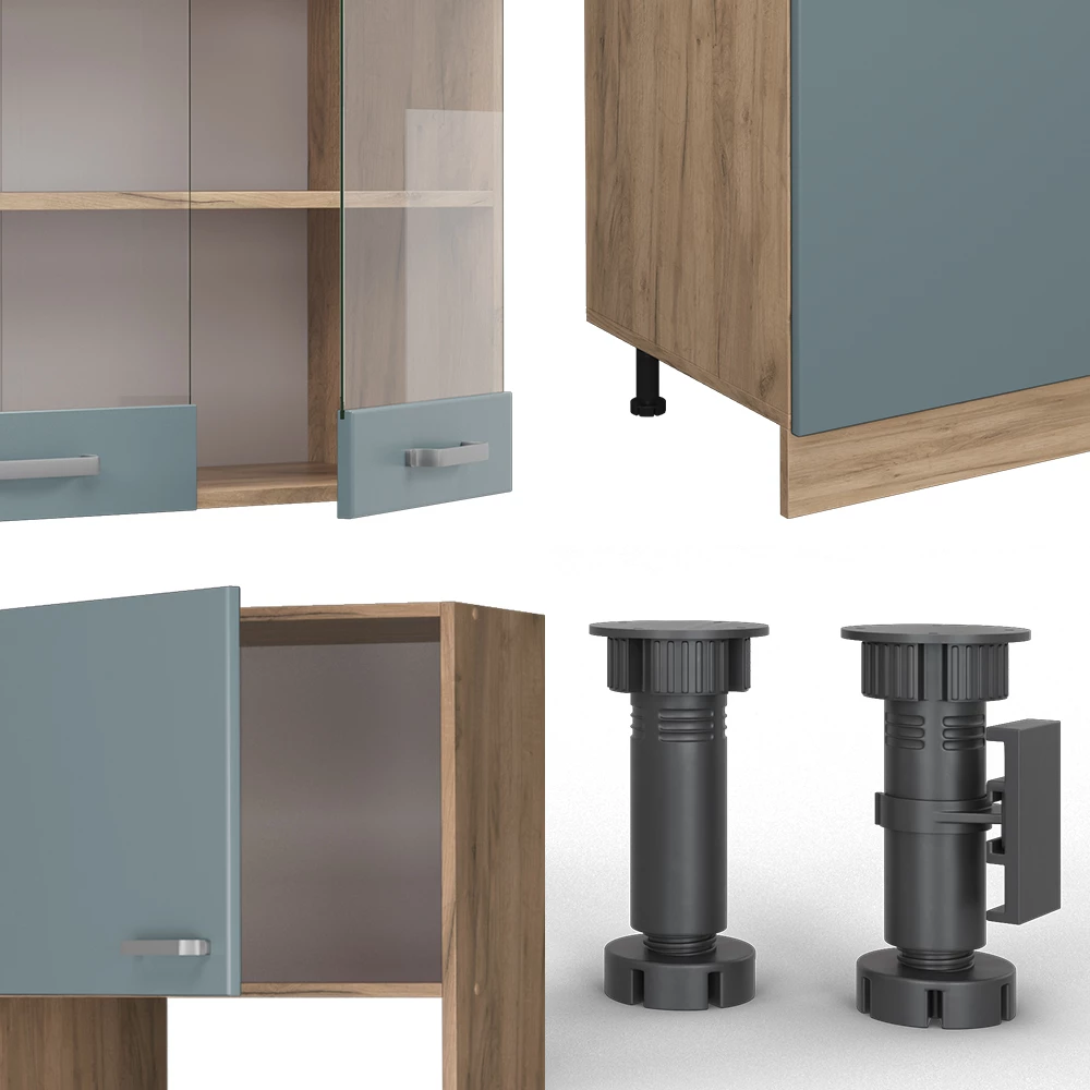 Nahaufnahme von Küchenzeile in Blau-Grau/Goldkraft Eiche, zeigt Design- und Oberflächendetails