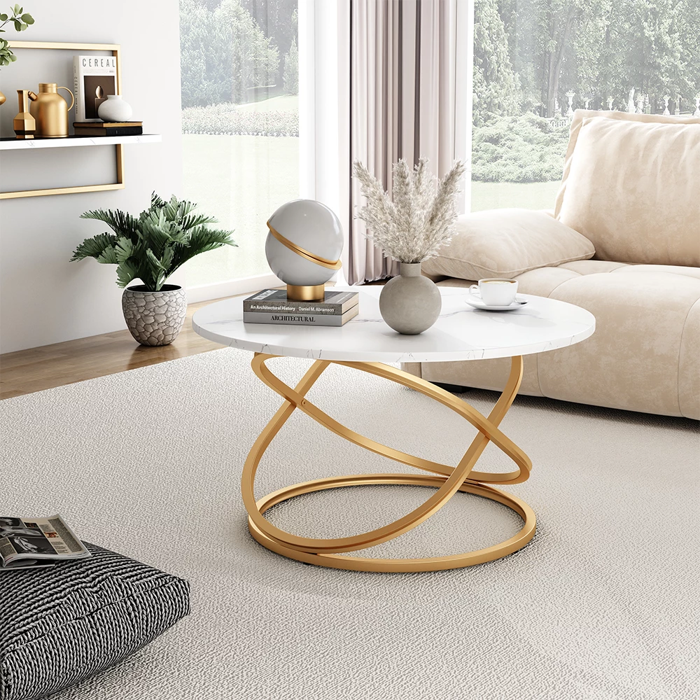 livinity® Couchtisch Weiß/Gold 79.5 x 62 cm mit große Arbeitsfläche, Calgary