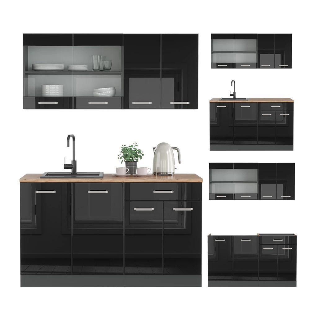 Vicco Singleküche "R-Line", Schwarz Hochglanz/Anthrazit, 140 cm ohne Arbeitsplatte