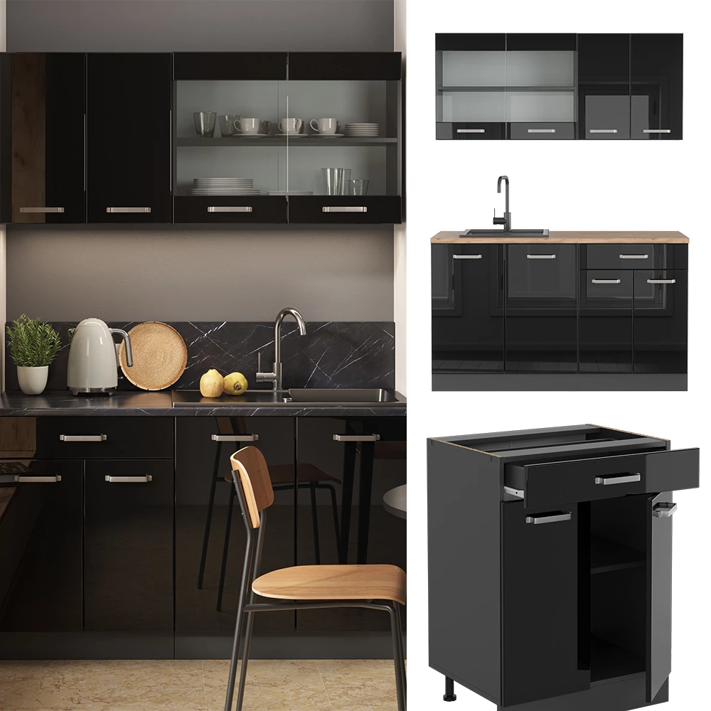 Vicco Singleküche "R-Line", Schwarz Hochglanz/Anthrazit, 140 cm ohne Arbeitsplatte