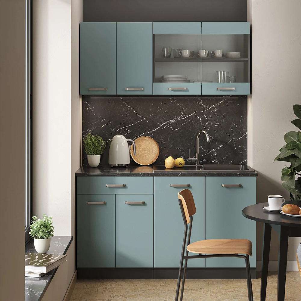 Enkele keuken in Blauw-grijs/antraciet, getoond in een sfeervolle omgeving en op een witte achtergrond