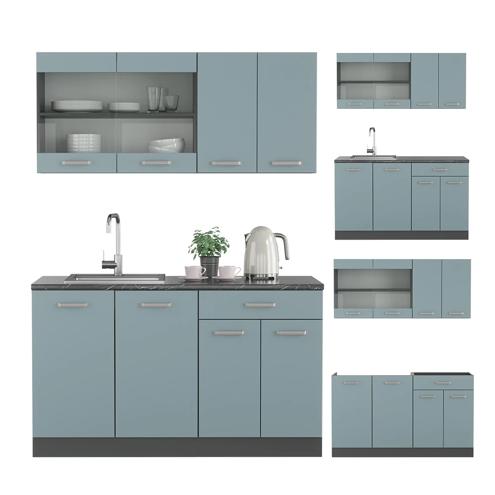 Enkele keuken in Blauw-grijs/antraciet op een witte achtergrond met decoratieve elementen