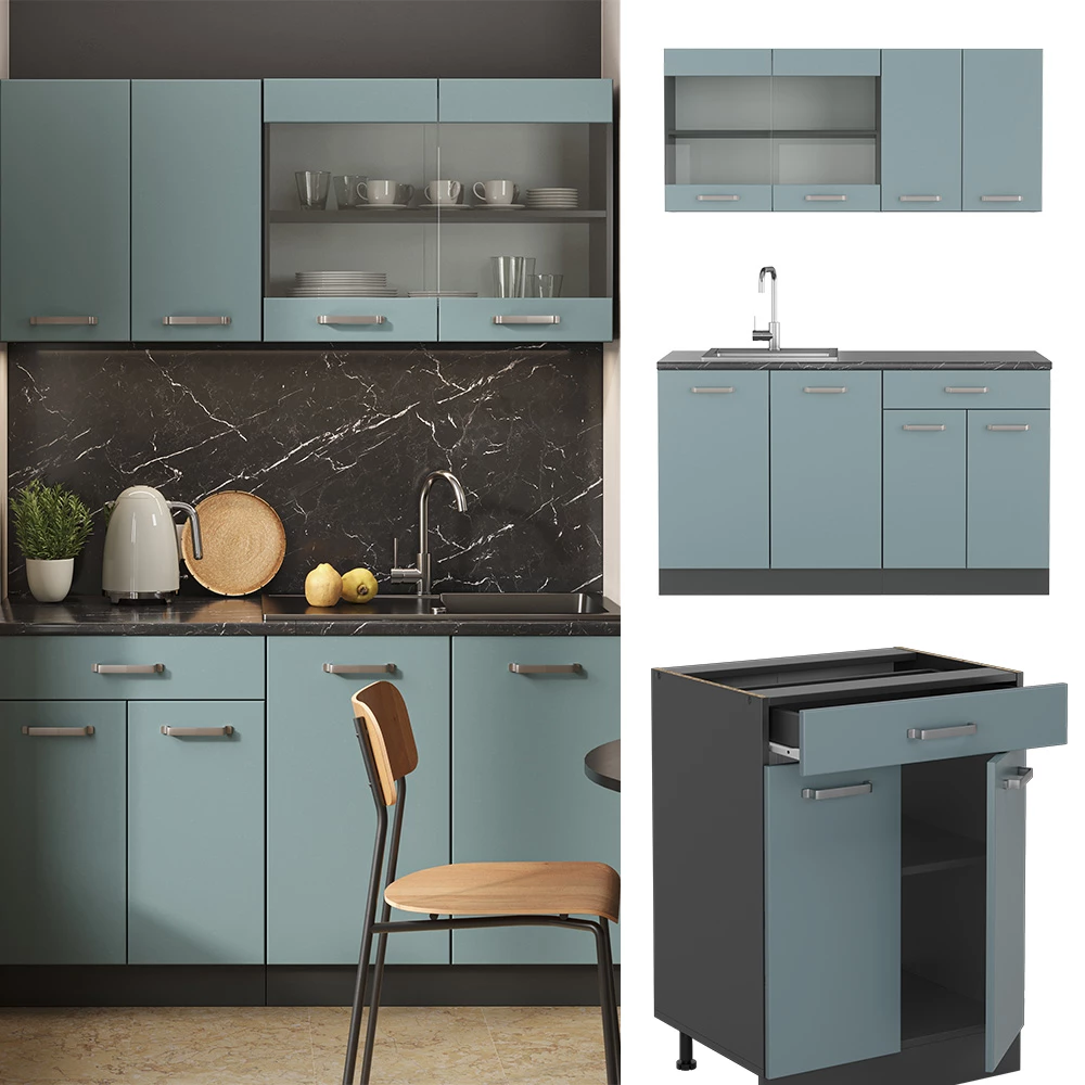 Enkele keuken in Blauw-grijs/antraciet, getoond in een sfeervolle omgeving en op een witte achtergrond