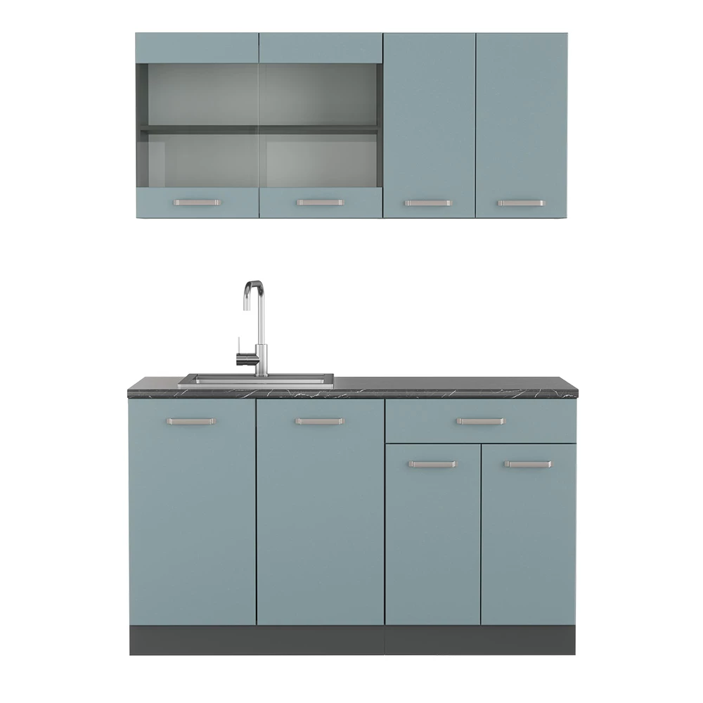 Enkele keuken in Blauw-grijs/antraciet op een witte achtergrond